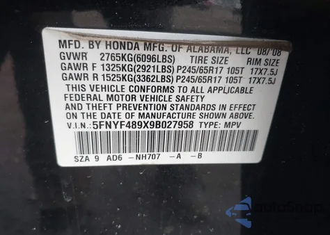 2009 Honda Pilot Touring z USA, uszkodzony, nr VIN 5FNYF489X9B027958